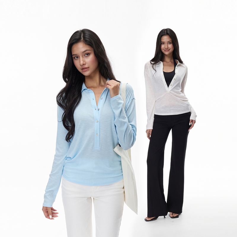 Jim Kennet Lapel Slightly Sheer Batwing Sleeve Loose Short Long-Sleeve Top