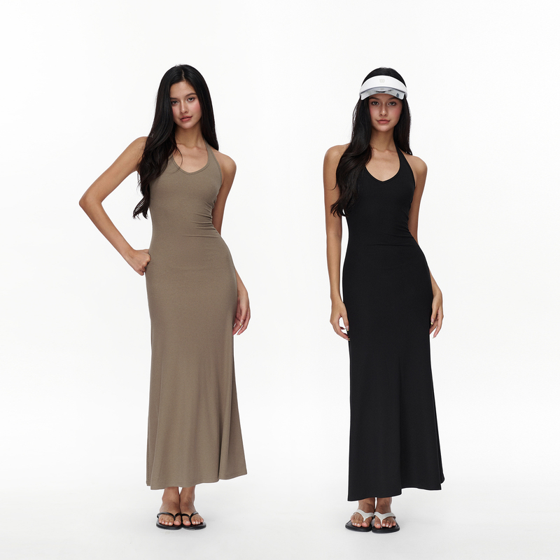 Jim Kennet Lyocell Halter V-Neck Slim-Fit Stretch Ribbed Dress Jim Kennet Lyocell Halter V-Neck Slim-Fit Stretch Ribbed Dress