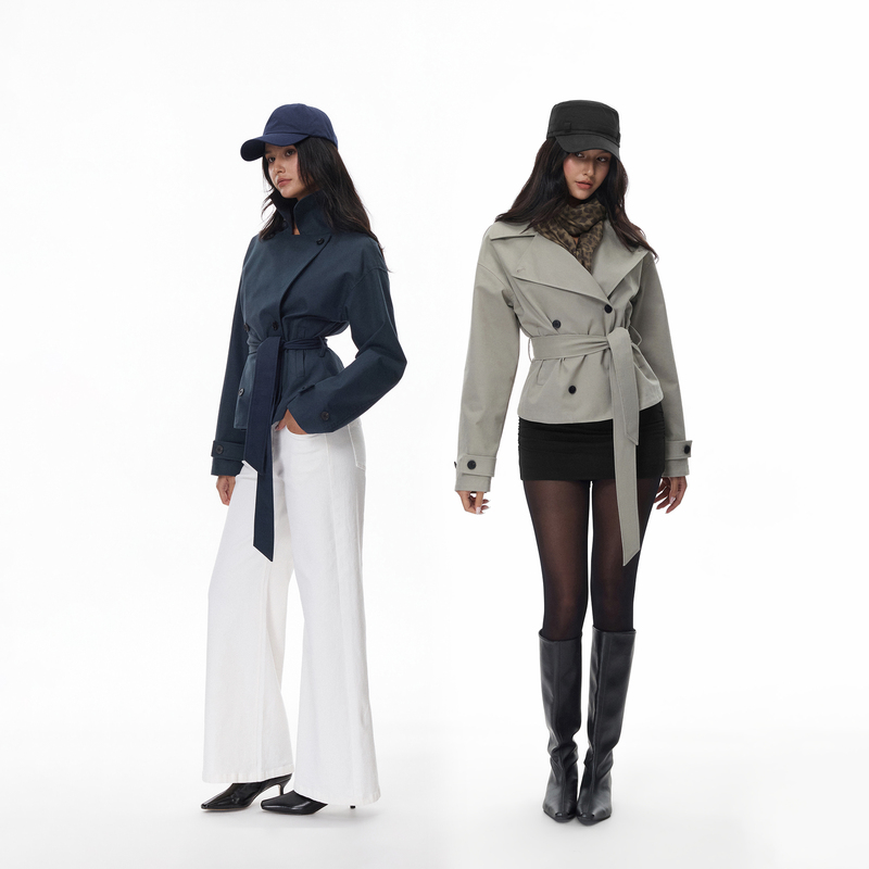 Jim Kennet Double-Breasted Lace-Up Short Trench Coat Jim Kennet Double-Breasted Lace-Up Short Trench Coat