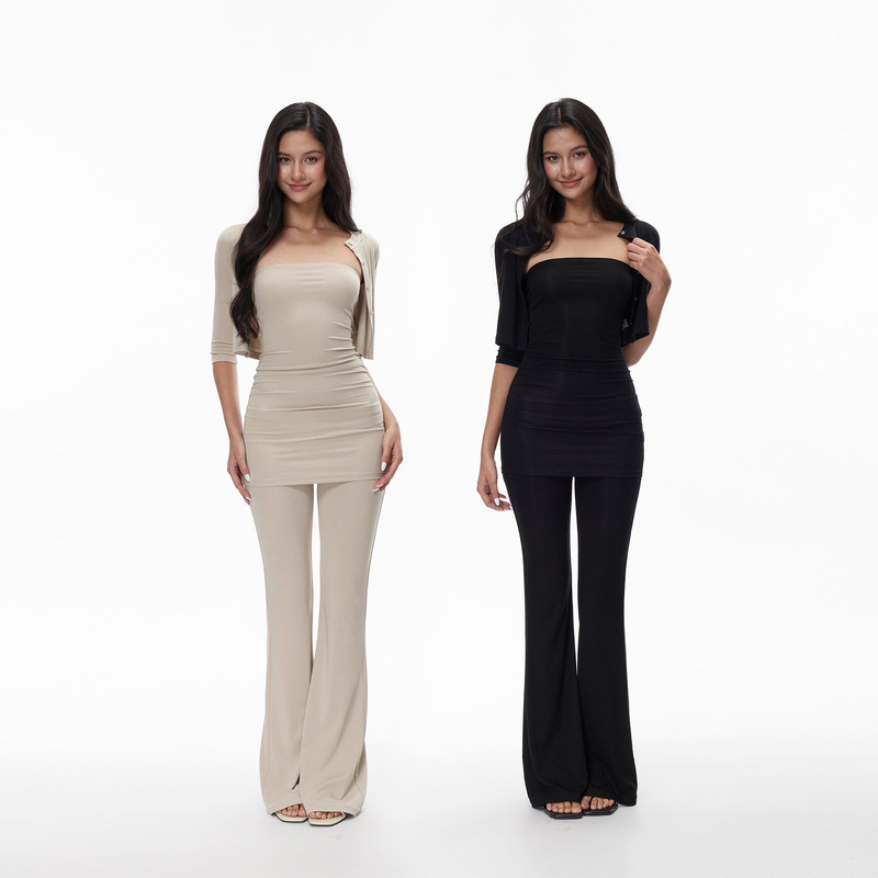 Jim Kennet Strapless Short Cardigan Top with Slightly Flared Slim-Fit Long Pants Stretch Knit Set