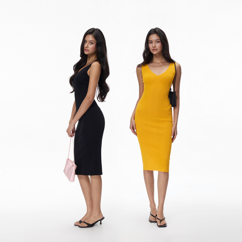 Jim Kennet V-Neck Elastic Slim-Fit Sleeveless Knitted Hip-Hugging Mid-Length Dress
