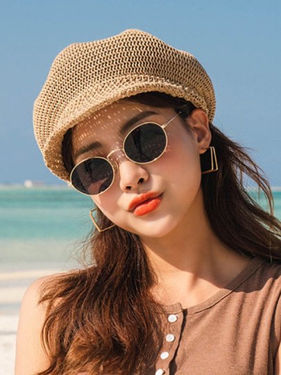 Summer Thin Beret Hollow Hat Women's Summer Korean Style Octagonal Hat Straw Hat Sun Protection Mesh Hat Travel Sun Hat
