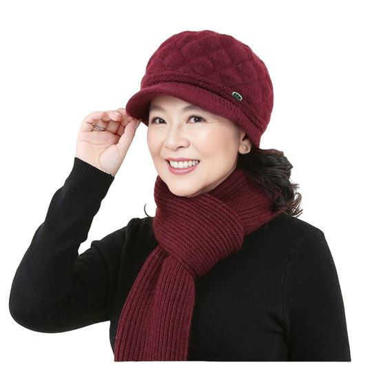 New Style Mom Hat for Middle-Aged and Elderly People, Warm Hat and Scarf All-In-One, Thickened for Warmth and Cold Protection, Grandma Hat, Beret for Women