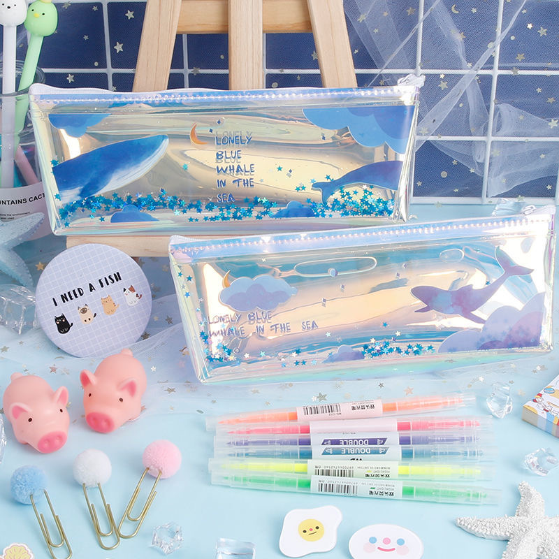 ins laser into the oil blue whale pen bag pvc transparent Japanese quicksand stationery bag simple net red creative liquid male and female students pencil case large capacity cute pencil case pencil case stationery storage bag