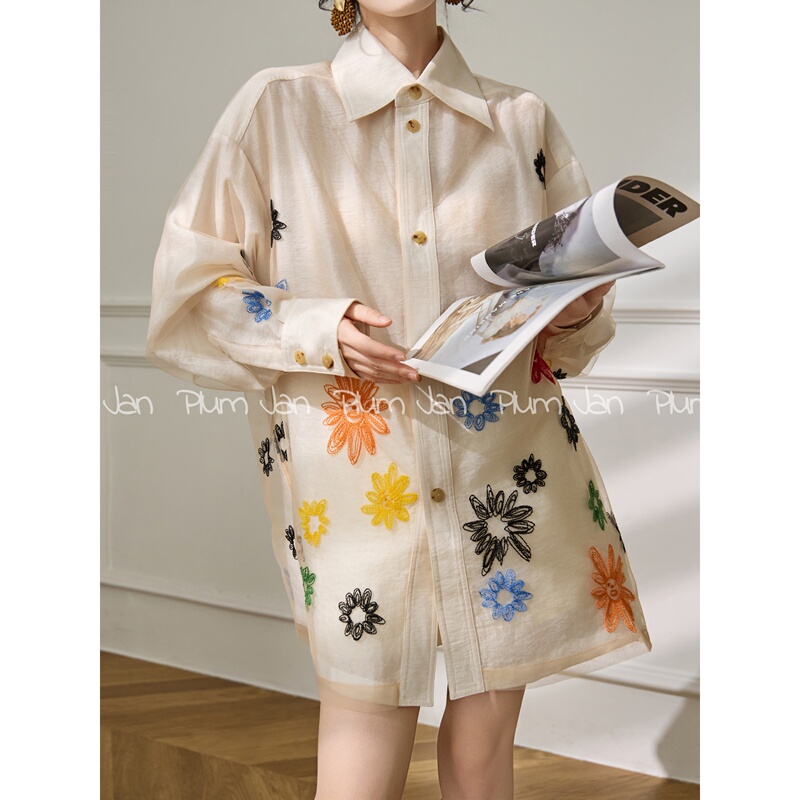 Plum Jan/ Spring Dopamine Fake Two-Piece Embroidered Loose Lazy High-End Shirt Light Luxury Age-Reducing Stylish