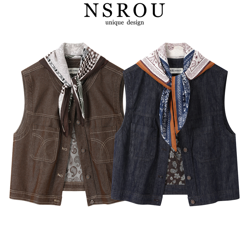 Hong Kong Style Retro Printed Denim Vest Jacket for Women, Early Autumn, Petite, Sleeveless, Round Neck, Short Jacket Top