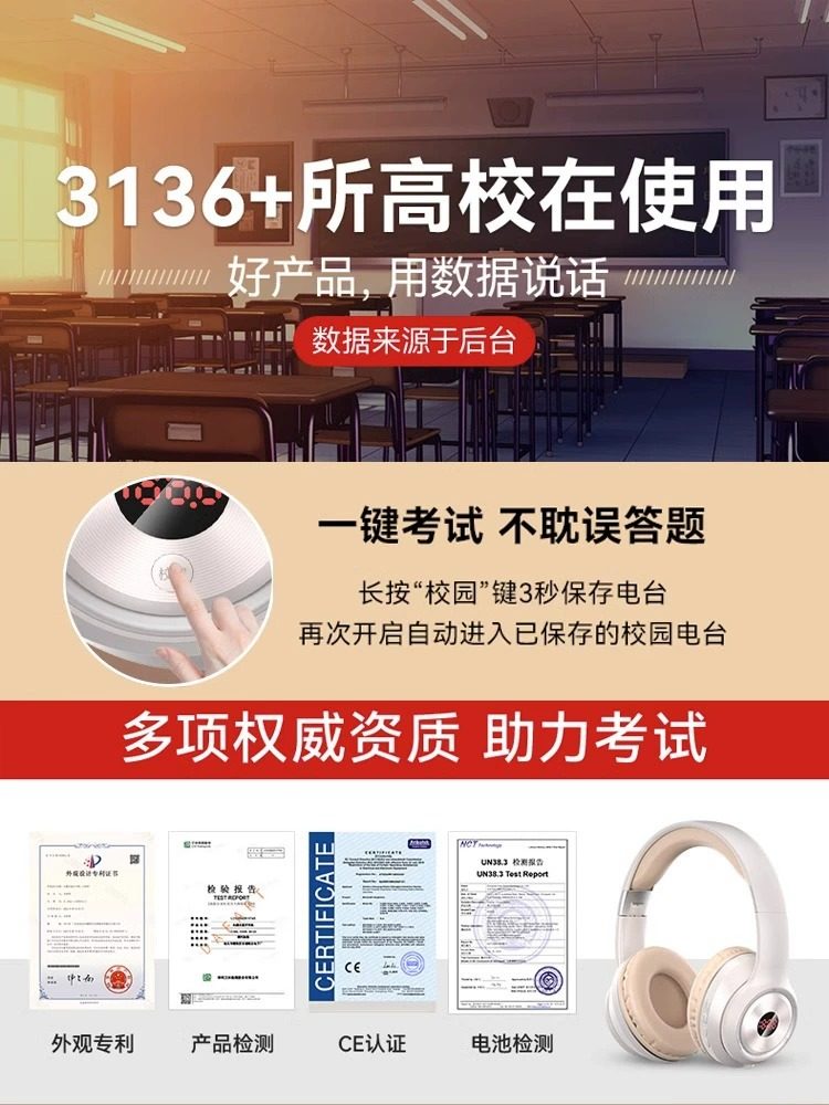 Head-Mounted Bluetooth Headphones for Students Taking the English Cet-4 and Cet-6 Exams, Wired Listening, Fm Radio, Online Course Exams