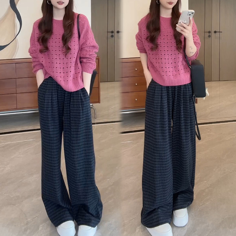 Trendy and Youthful Women's Outfit Set for 2026 Spring and Autumn, Featuring a Hollow-Out Long-Sleeve Knit Top and Plaid Wide-Leg Pants Two-Piece Set Trendy and Youthful Women's Outfit Set for 2026 Spring and Autumn, Featuring a Hollow-Out Long-Sleeve Knit Top and Plaid Wide-Leg Pants Two-Piece Set