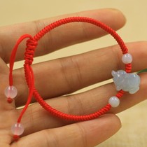 Jade Rabbit Son Bracelet Duozodiac Red Rope Bracelet Emerald Jade Weave This year belongs to the rat Bull Tiger Rabbit Dragon Snake