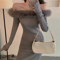 Straight Shoulder Sweater Dress Fall New Korean Version Loose big code Lazy Word-in-the-Womens Long Lantern Sleeves Knit