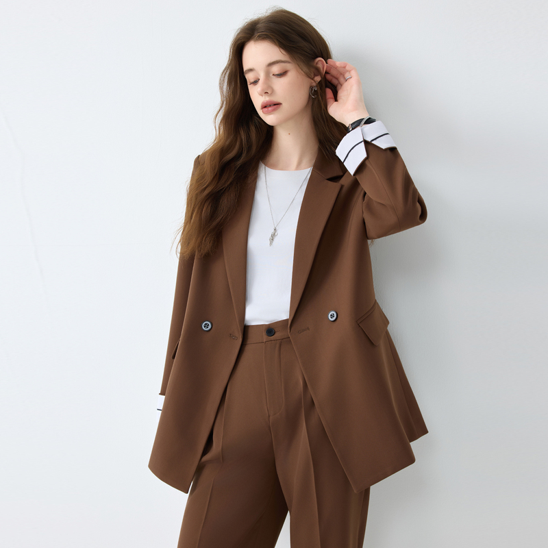 Brown Double-Breasted Suit Set for Women, 2026 New Spring and Autumn Style, Elegant and Fashionable Loose Casual Two-Piece Suit