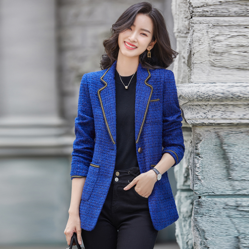 Tweed Style Blue Tweed Blazer for Women 2026 New Spring & Fall Slim Fit High-End Elegant Suit Top Tweed Style Blue Tweed Blazer for Women 2026 New Spring & Fall Slim Fit High-End Elegant Suit Top