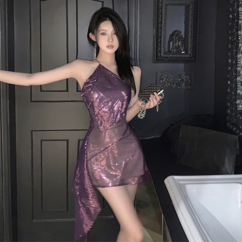 Nightclub Hottie Sexy Backless Halter Dress Purple Sequin Birthday Dress Women's Winter 2026 New Style
