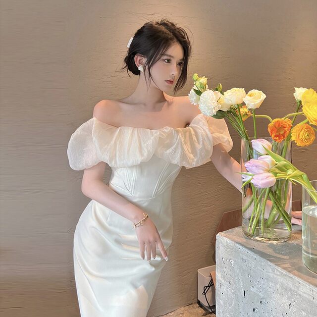 French temperament ladies one-shoulder dress high-end light luxury evening dress slim bag hip sexy tube top skirt summer