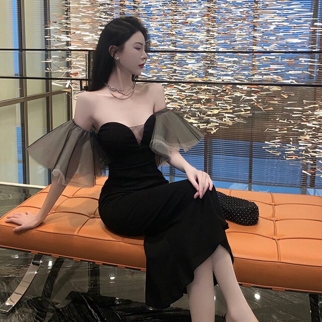 French Hepburn style high-end evening dress little black dress royal sister lady style sexy bag hip one-shoulder tube top dress