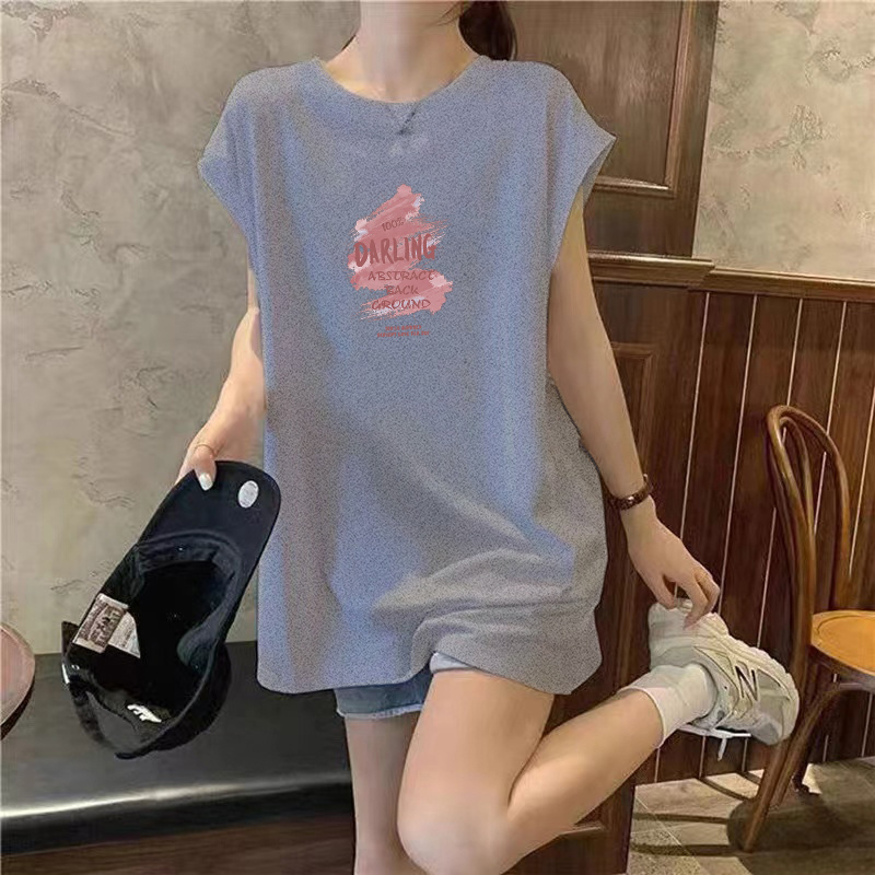 American Retro Street Style Mid-Length Vest for Women, Pure Cotton Flutter Sleeve T-Shirt, Sleeveless Vest, Loose Summer Top