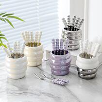 Ink-colored fruit fork set household dessert fork high-end storage jar childrens stainless steel fruit pick and fruit insert