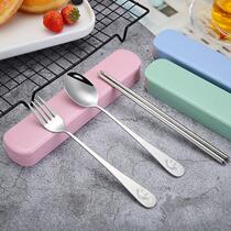 Portable stainless steel tableware set for students three-piece set of spoons forks and chopsticks storage box single take-out