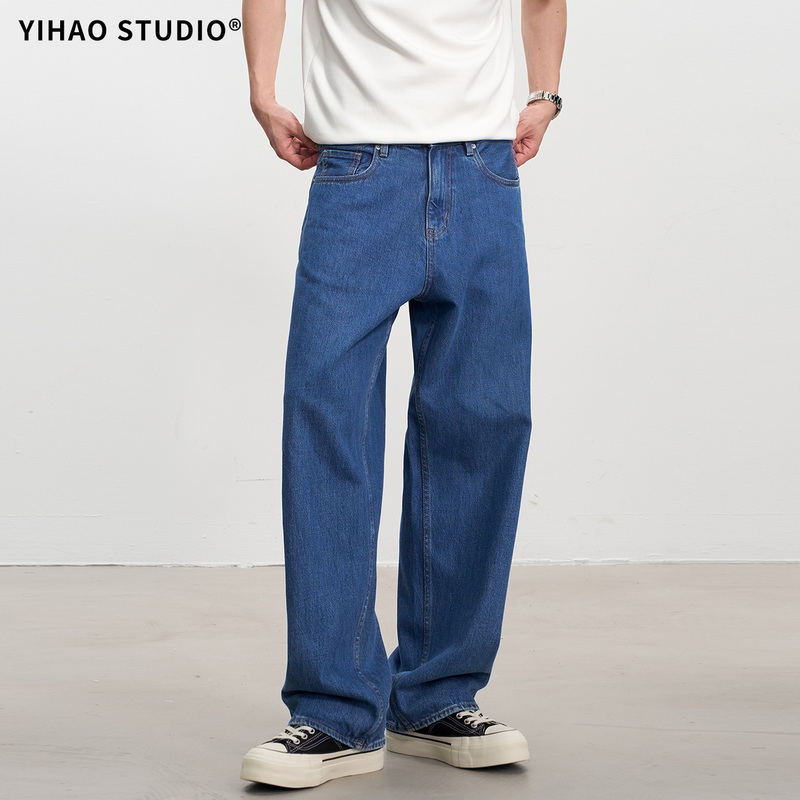 Yihao Studio Summer New High-End Washed and Dyed Dark Blue Wide-Leg Jeans Loose Straight Pants