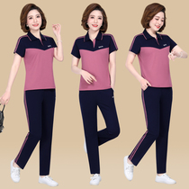 Middle-aged mother Sports suit womens summer color color T-shirt top middle-aged sportswear short sleeve trousers loose thin
