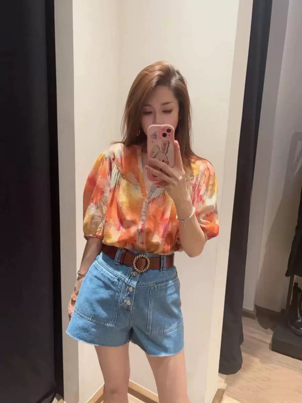 Bas New Short-Sleeved Women's New Style Neon Gradient Print T-Shirt Retro Literary Puff Sleeve Shirt Women's Shirt