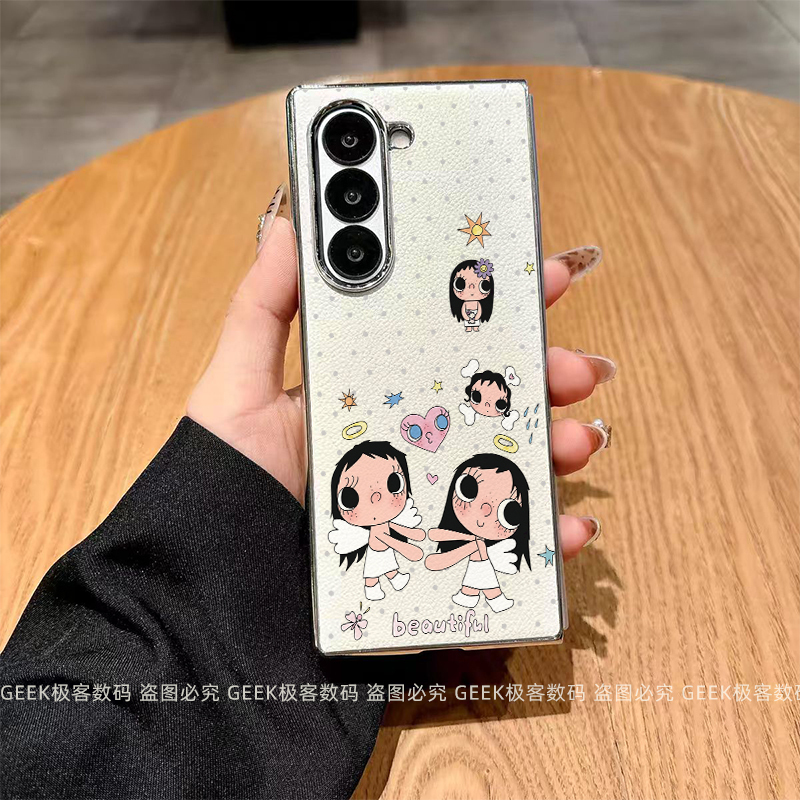 Angel Xiaoyu Suitable for Samsung Z Fold 7/6/5/4/3/2 Phone Case, New Model W25/24/23, High-End Electroplated Leather Folding Screen Cover, Ultra-Thin Full Protection Anti-Drop Protective Case for Girls