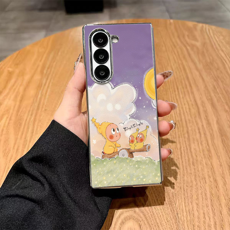 Suitable for Samsung Zfold7/6/5/4/3/2 Electroplated Phone Case, New Model Seesaw Star Design W25/24/23, High-End Leather Texture Folding Screen Cover, Ultra-Thin Full-Cover Anti-Drop Protective Case for Women