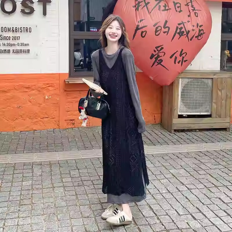 Black Hollow-Out Knit Tank Dress Layered with Long-Sleeve Dress for Women 2026 Early Spring Korean Style Lazy Outfit Set