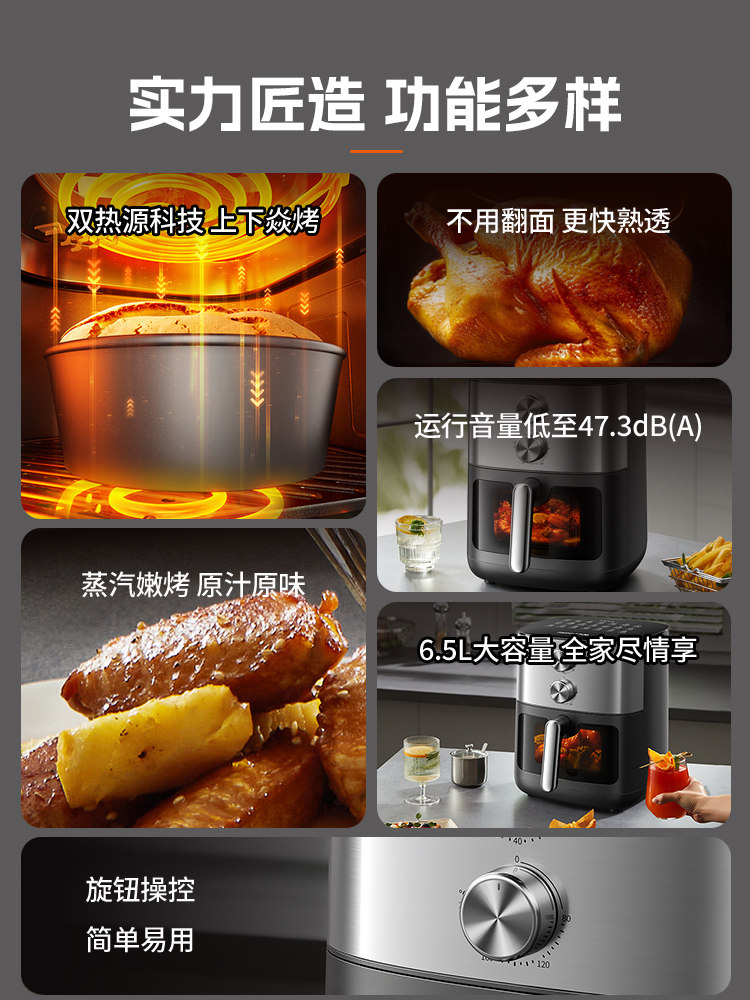 Joyoung Yanrui Air Fryer with Quiet Operation, No Flipping Required, 6.5L Visible Large Capacity All-In-One Electric Fryer and Steamer Oven for Home Use