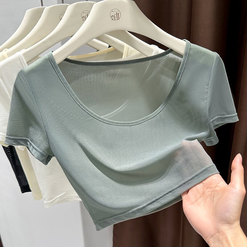 Ice Silk Mesh Short-Sleeve T-Shirt for Women, Summer Camisole Dress Inner Layer, Slim-Fit Base Shirt, Short Crop Top, Slightly Sheer and Thin Ice Silk Mesh Short-Sleeve T-Shirt for Women, Summer Camisole Dress Inner Layer, Slim-Fit Base Shirt, Short Crop Top, Slightly Sheer and Thin