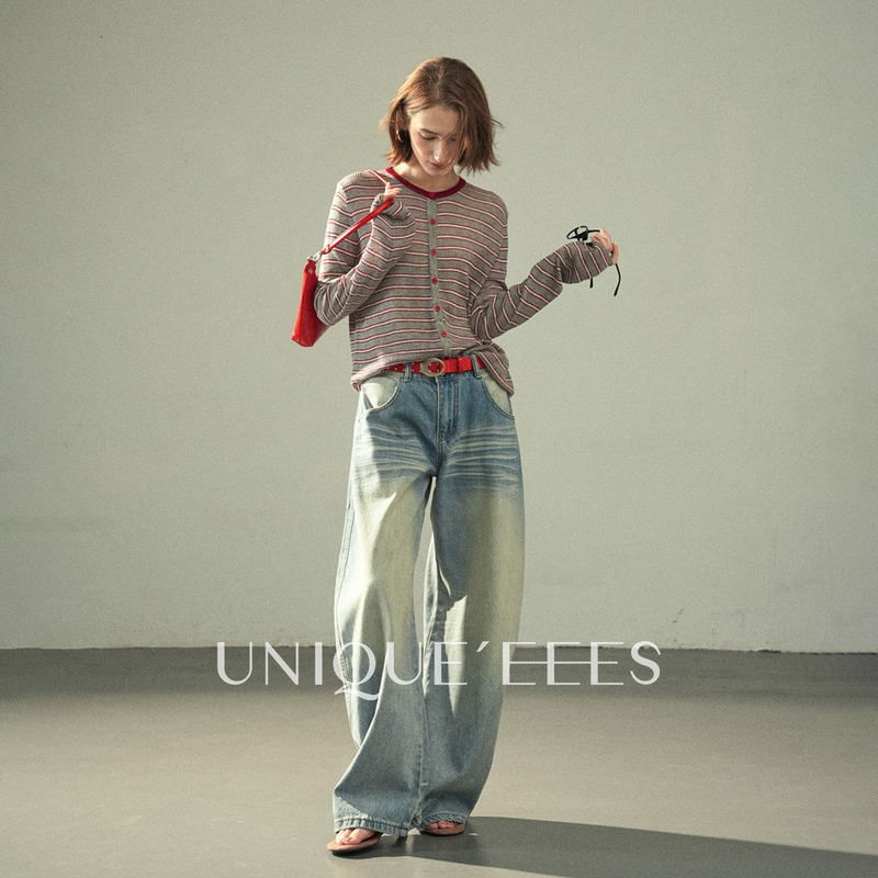 Unique/Unique'Eees【Trendy Street Style】American-Style Embroidered Gradient Washed Scimitar Pants U6314105