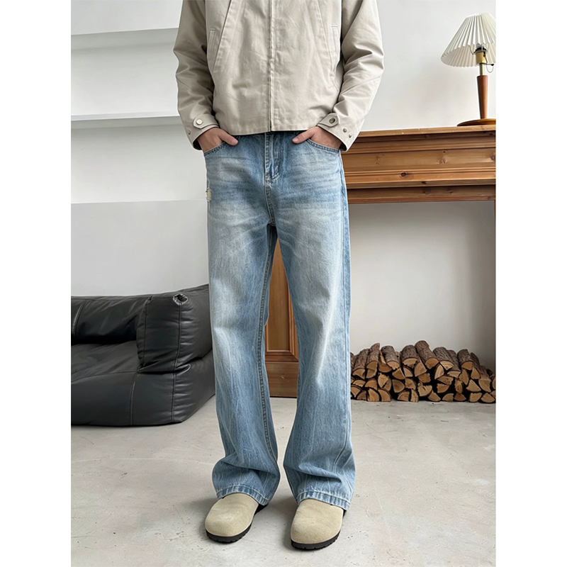 Now3 Lightning Crack Washed Denim Jeans Straight Loose Fit Slightly Flared Distressed Versatile Blue Relaxed Trendy Brand Long Pants