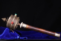Old cowhide hand-operated prayer wheel with scriptures inside. Height 38cm wide 11cm. Weight about 490 grams.