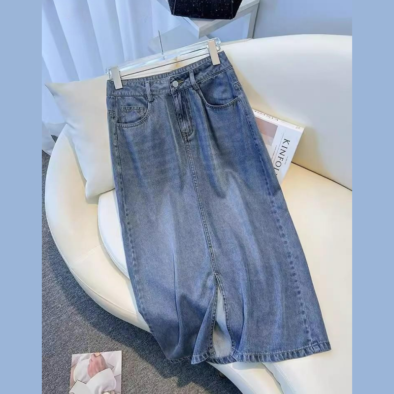 Fitted silk denim summer thin long skirt, A-line, high waist, mid-length Fitted silk denim summer thin long skirt, A-line, high waist, mid-length