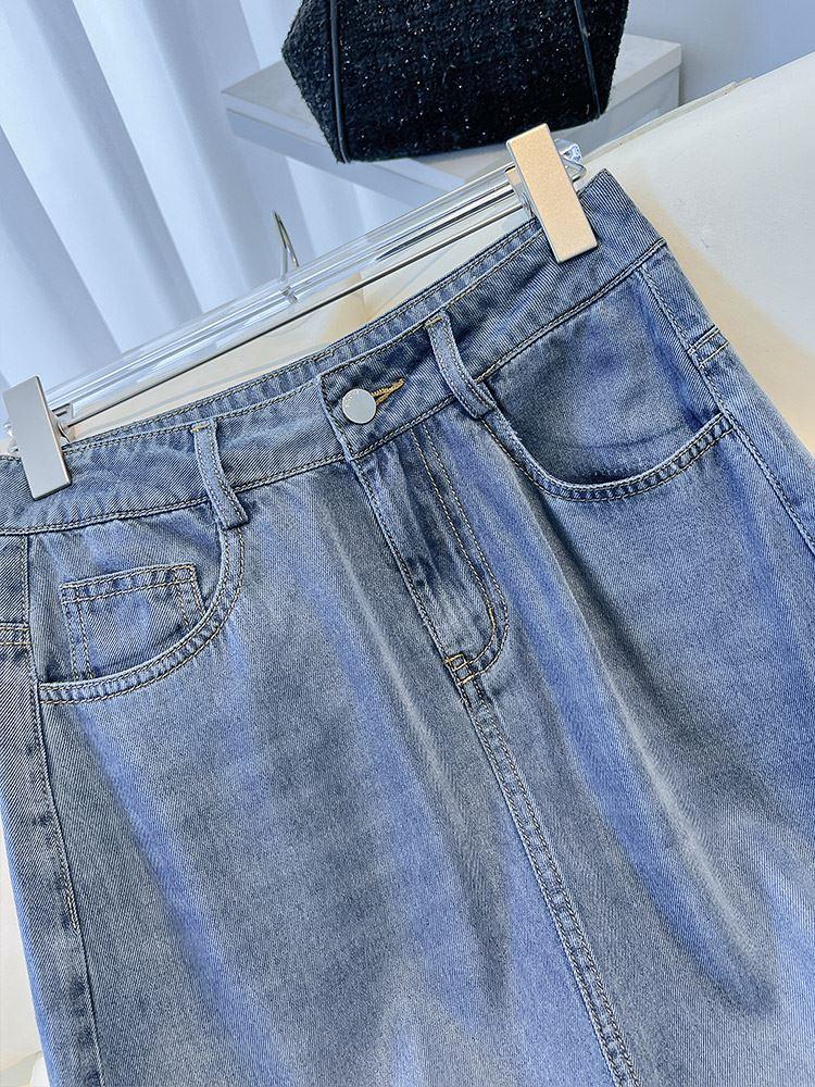 Fitted silk denim summer thin long skirt, A-line, high waist, mid-length Fitted silk denim summer thin long skirt, A-line, high waist, mid-length
