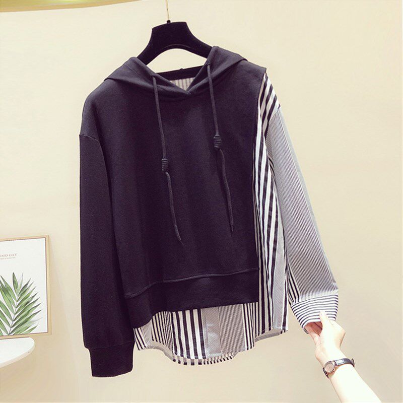 Hong Kong striped stitching fake two-piece hooded sweatshirt women's 2022 spring new Korean version design loose hoodie top