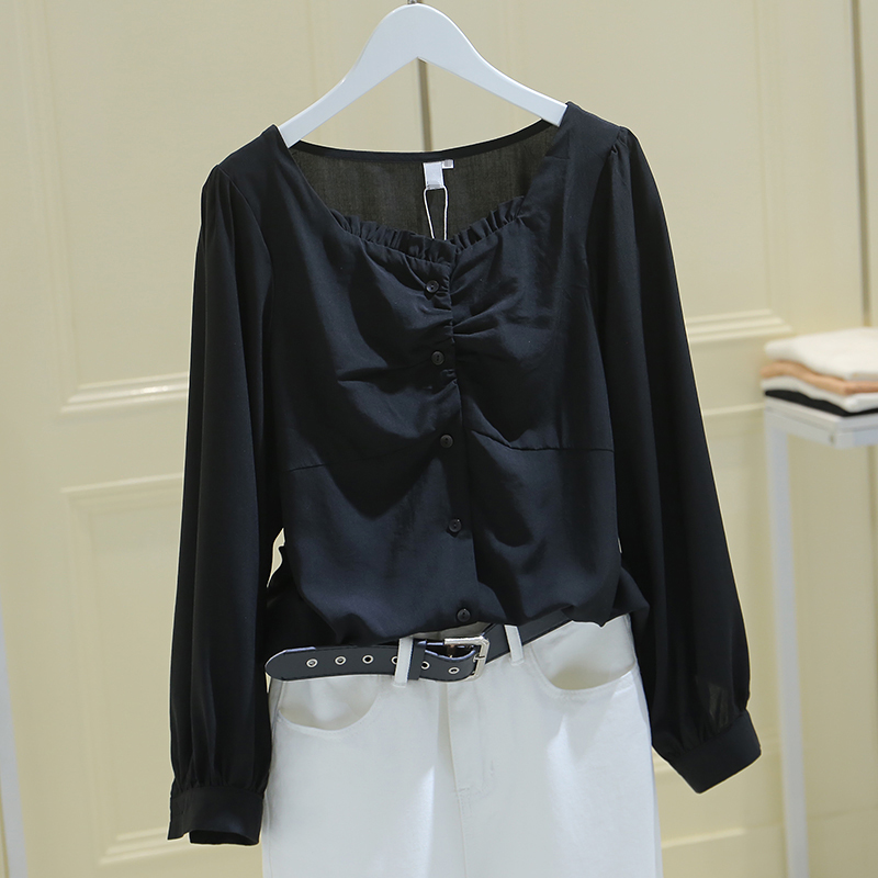 Hong Kong black square collar shirt women's long sleeve 2022 spring and autumn new design niche loose fungus edge shirt - Taobao