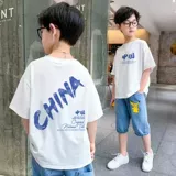 Хлопковая детская летняя мультяшная футболка с коротким рукавом для мальчиков для отдыха, 100% хлопок, подходит для подростков, впитывает пот и запах, круглый воротник, китайский стиль