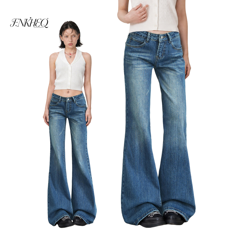 Fnkheq Bamboo Pattern Dark Blue Low-Waist Jeans for Women, New Autumn American Style Hot Girl Straight-Leg Flared Pants Fnkheq Bamboo Pattern Dark Blue Low-Waist Jeans for Women, New Autumn American Style Hot Girl Straight-Leg Flared Pants