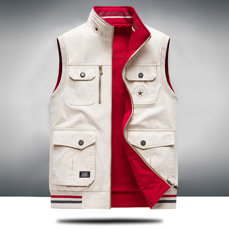 Outdoor Casual Vest with Multiple Pockets, Reversible Vest for Spring and Autumn, Loose-Fitting Sleeveless Cotton Jacket for Middle-Aged and Elderly Men Outdoor Casual Vest with Multiple Pockets, Reversible Vest for Spring and Autumn, Loose-Fitting Sleeveless Cotton Jacket for Middle-Aged and Elderly Men