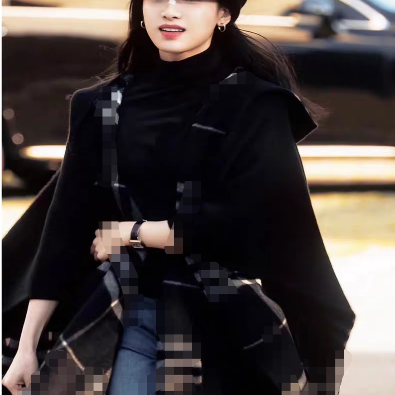 High-Quality 100% Australian Wool Zhang Jingyi Style Black Plaid Shawl Cape Double-Sided Wool Hooded Coat for Women