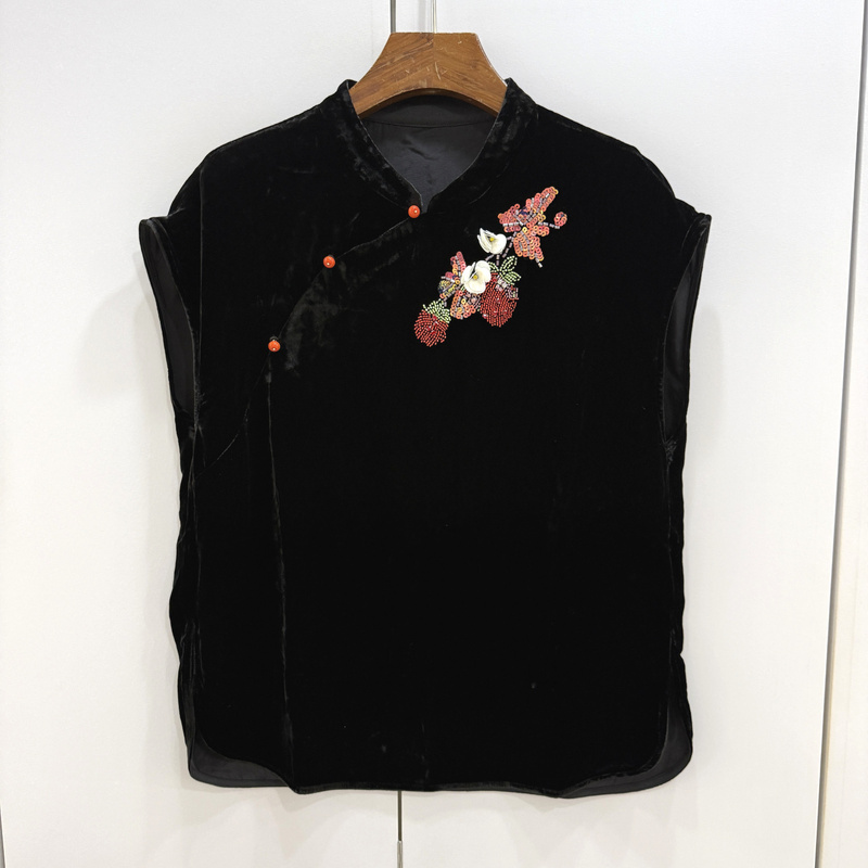 37326 European-Style Heavy-Duty Beaded Sequin Embroidered Floral Stand-Collar Diagonal Button Silk Velvet Flutter Sleeve Blouse for Women 37326 European-Style Heavy-Duty Beaded Sequin Embroidered Floral Stand-Collar Diagonal Button Silk Velvet Flutter Sleeve Blouse for Women