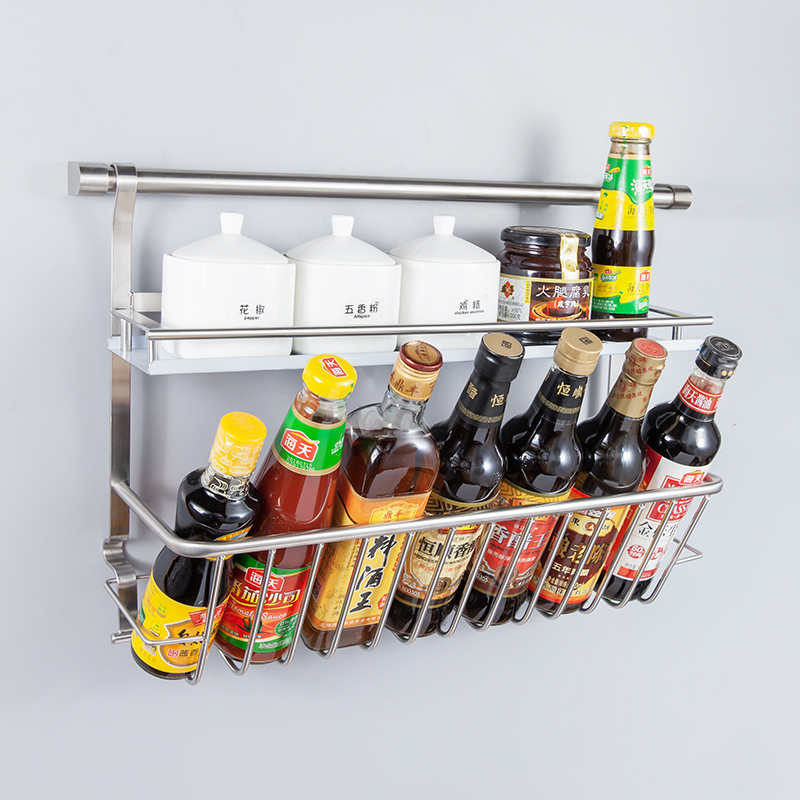 304 Stainless Steel Kitchen Angled Spice Rack, No-Drill Seasoning Bottle Storage Rack, Wall-Mounted Double-Layer Organizer