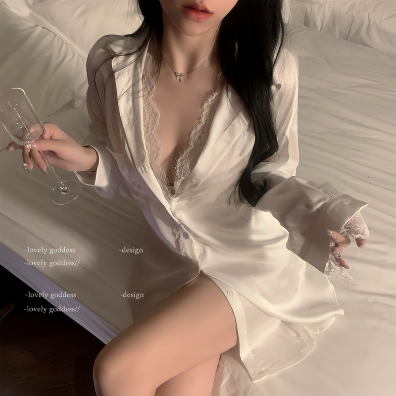 「Lg」Snow Skin and Flower-Like Appearance* Original Sexy Lace Long Sleeve Pure Desire Style Loose Shirt Pajamas Home Set for Women 「Lg」Snow Skin and Flower-Like Appearance* Original Sexy Lace Long Sleeve Pure Desire Style Loose Shirt Pajamas Home Set for Women