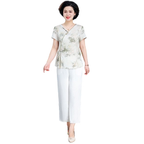 Yalu Mom Summer Clothes 2024 New Chinese Style Suit Western Style Middle-aged and Old Women Short-sleeved Small Shirts Wide Mrs. Clothes