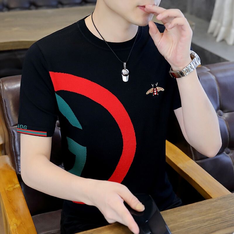 2026 New High-End Ice Silk Trendy Knitted Short-Sleeve T-Shirt for Men, Summer Round-Neck Embroidered Slim-Fit Half-Sleeve Top, Stylish