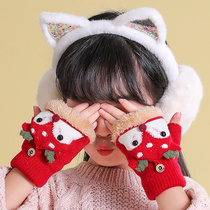 Japanese Children Gloves Winter Cartoon Writing Truffle Finger half Wool Wire Warm Plus Suede Flip Half Finger Gloves