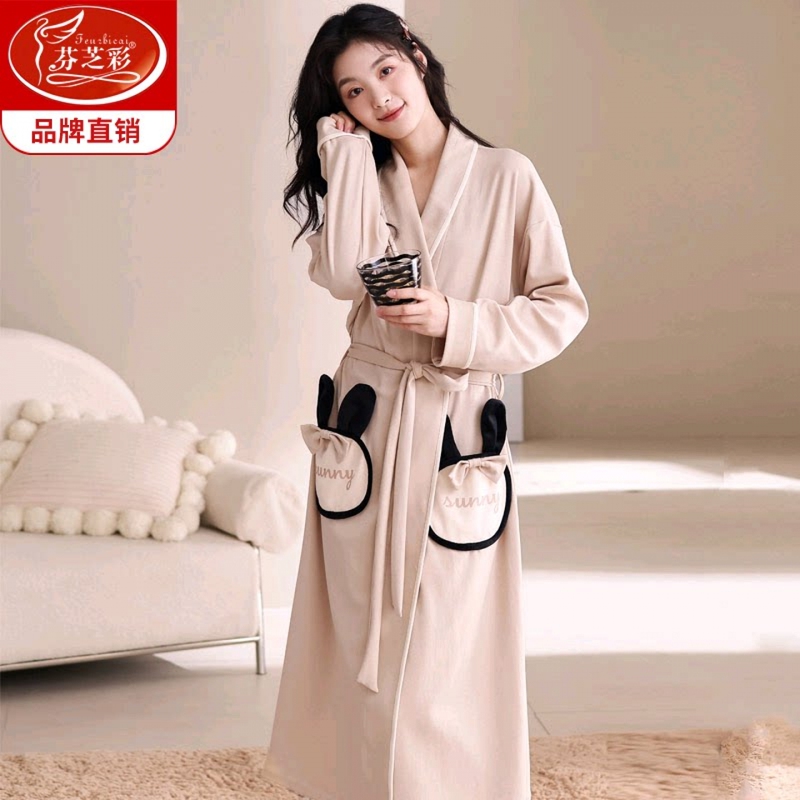 Women's Autumn Pure Cotton Long-Sleeved Bathrobe, Dormitory Bathrobe, Spring and Autumn Long Robe, One-Piece Pajamas, Women's All-Cotton Bathrobe