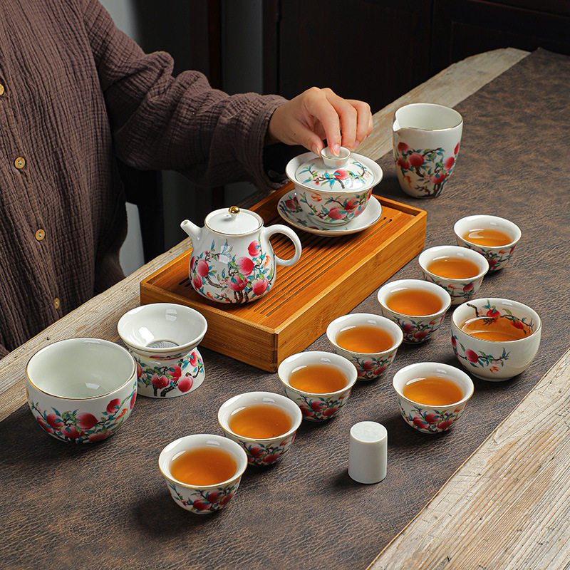 Featured Nine Peach Five Fu Tea Set Large Suit Upscale Ceramic Gift Gift Box Loading Gold Cover Bowl Kongfu Tea Pot Tea Cup-Taobao