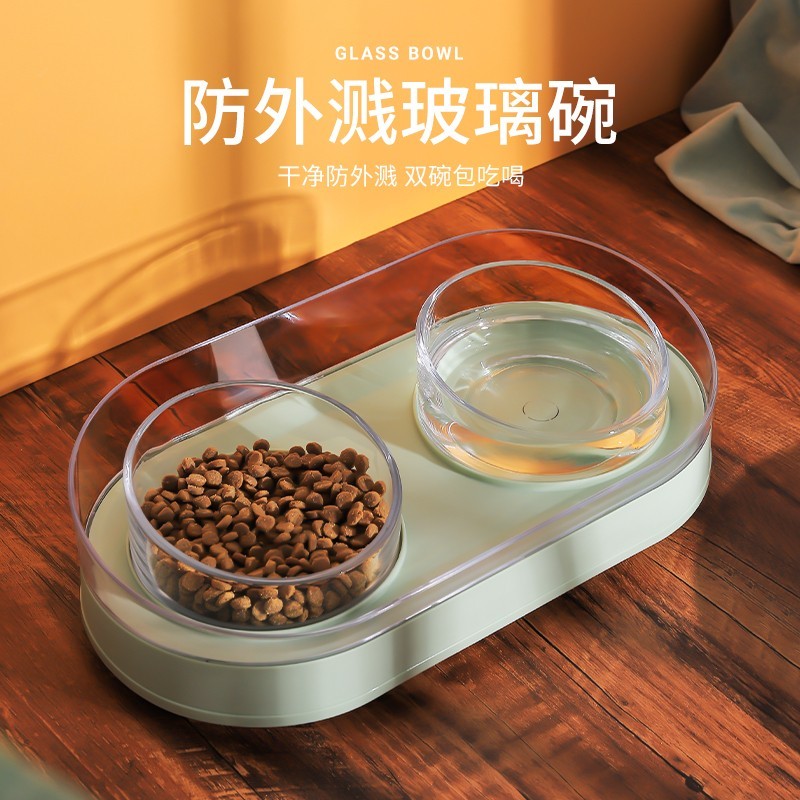 Cat Bowl Glass Cat Food Basin Double Bowl Dog Bowl Pet Bowl Cat Food Bowl Water Bowl Cat supplies to protect cervical spine anti-roll